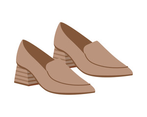 Casual women's elegant closed-toe shoe wardrobe. Female fashion footwear beige leather pointed-toe shoe with heel footgear. Pastel vector illustration of women's shoes isolated on white background.