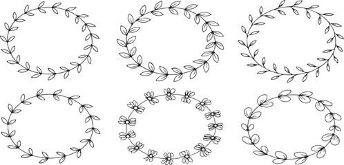 Hand Drawn Set of Six Black Circular Floral Frames with Leaf and Flower Motifs Simple Line Art Design Elements