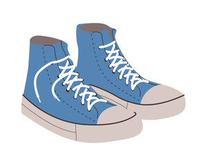 Fashion sneakers. Modern sport converse shoes for walking or running. Trendy cartoon sportswear for man and woman. Athletic footwear designs. Flat vector illustration isolated on white background. 