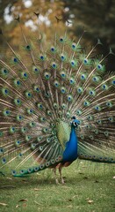 Obraz premium Majestic Peacock Displaying Vibrant Plumage on Lush Green Grass, a Stunning Emblem of Nature's Beauty and Grace in a Serene Outdoor Setting