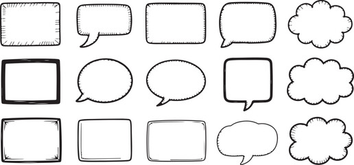 Hand Drawn Sketch Style Quote Box Text Frame Set Black and White Blank Speech Bubbles and Rectangular Shapes for Text