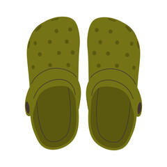 Green crocs unisex slates. Colored vector illustration of women's or men's open shoes isolated on white background. Modern flop flip design. Casual shoe, sandals wardrobe. Summer closed-toe footgear.