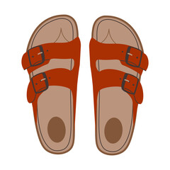 Leather red sandals birkenstocks isolated on white background top view. Unisex summer shoes, genuine leather flip flops with cork soles. Stylish fashion summer footwear flat vector illustration.