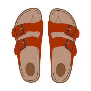 Leather red sandals birkenstocks isolated on white background top view. Unisex summer shoes, genuine leather flip flops with cork soles. Stylish fashion summer footwear flat vector illustration.