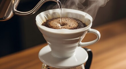 Capturing the delicate art of pour-over coffee brewing, with hot water gently saturating fresh grounds, releasing rich aromas and creating a perfect morning beverage experience