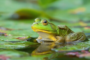 Eat The Frog. Bright Green Portrait of an American Toad on a Lily Pad
