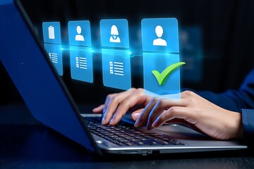 Person using a laptop with a digital interface displaying user profiles and a green checkmark symbolizing successful selection or approval in a digital process
