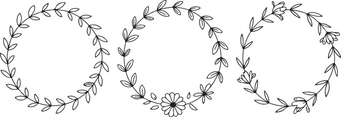 Obraz premium Three Hand Drawn Black Line Art Floral Circle Frames Botanical Wreath Elements Simple Oval Shapes Nature Design Templates