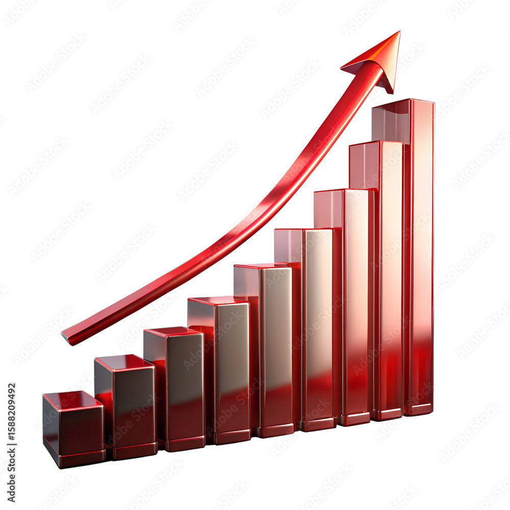 Poster a red bar graph with an arrow pointing upwards shows a positive trend, isolated on transparent backg