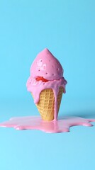 Melting Strawberry Ice Cream Cone with Berry on Light Blue Studio Background