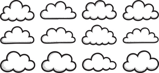Twelve Hand Drawn Black and White Cloud Shapes Doodle Sketch Style Set Traced Vector Illustrations