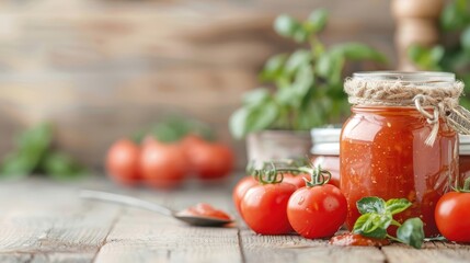 Homemade tomato jam in a jar on a rustic table, with fresh tomatoes and a vintage spoon beside it.