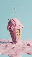 Melting Strawberry Ice Cream Cone with Splatters and a Pastel Blue Background Creates a Mess