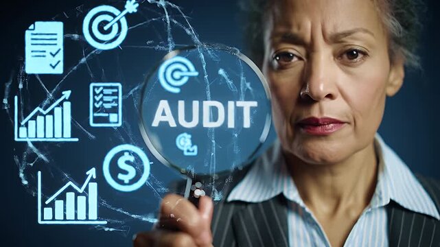 Businesswoman Examining Audit Data with Magnifying Glass