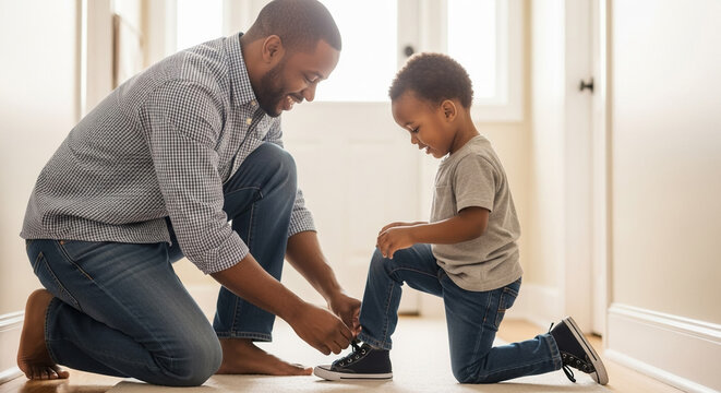 Loving father helping his little son tying shoelaces at home - Powered by Adobe