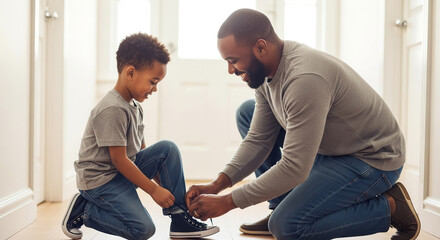 Loving father teaching his son how to tie shoelaces at home