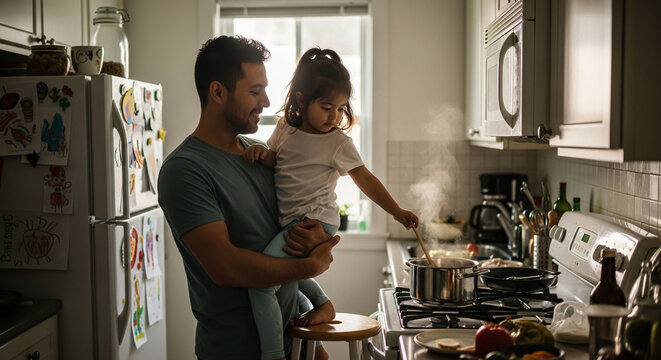 Father holding daughter while she's cooking in kitchen