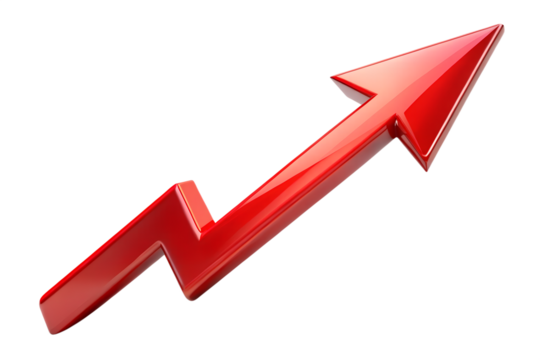 A red arrow pointing upwards symbolizes growth and financial success, isolated on transparent background