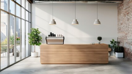 A modern coffee shop interior with exposed brick walls and industrial lighting.