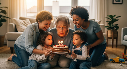 Family celebrating grandmother's 75th birthday with cake and candles