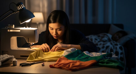 Asian seamstress sewing clothes at night while someone sleeps in the bedroom
