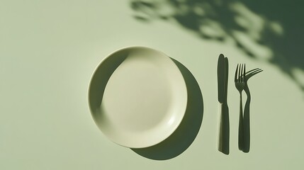 Minimalist Olive Green Dinner Setting Plate, Fork, Knife, and Plant Shadow Decoration