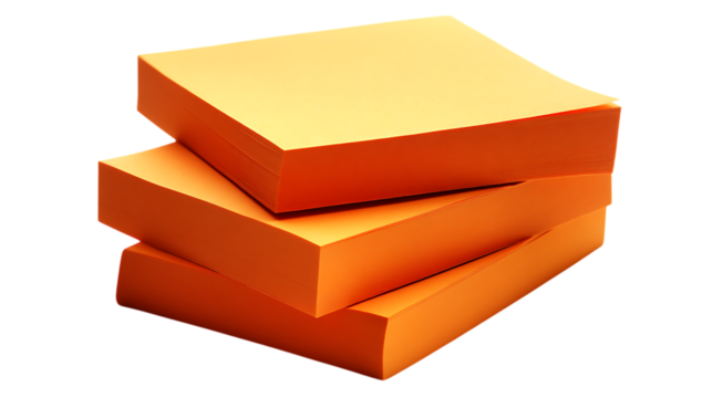 Stack of three orange sticky note pads isolated on white or transparent png
