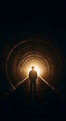 Lone Figure Approaches Bright Light in Dark Tunnel - A Metaphor for Hope, Future, and Personal Journey