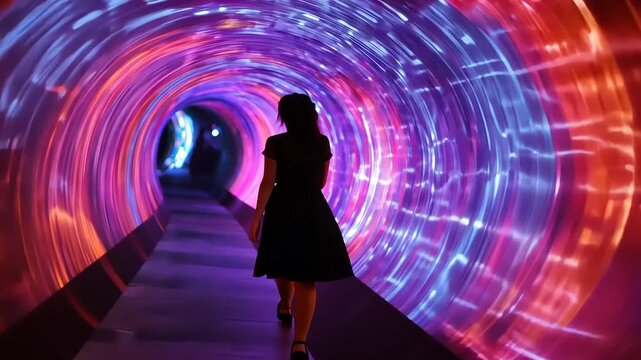 A silhouette of a woman walking through a vibrant, illuminated tunnel of swirling colors and lights