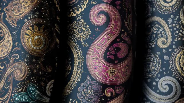 Colorful patterned fabrics with wavy lines, floral designs and paisley motifs on textile background. Handmade creative crafts.