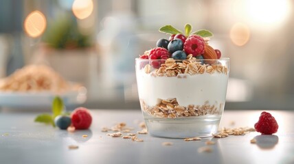 A photorealistic image of overnight oats in a glass container.