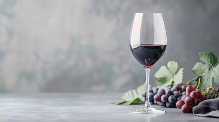 A glass of red wine with a cluster of grapes beside it.