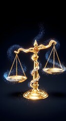 Glistening Golden Scales of Justice with Blue Sparkling Particles, Symbolizing Balance, Fairness, and Cosmic Equilibrium on a Dark Background.