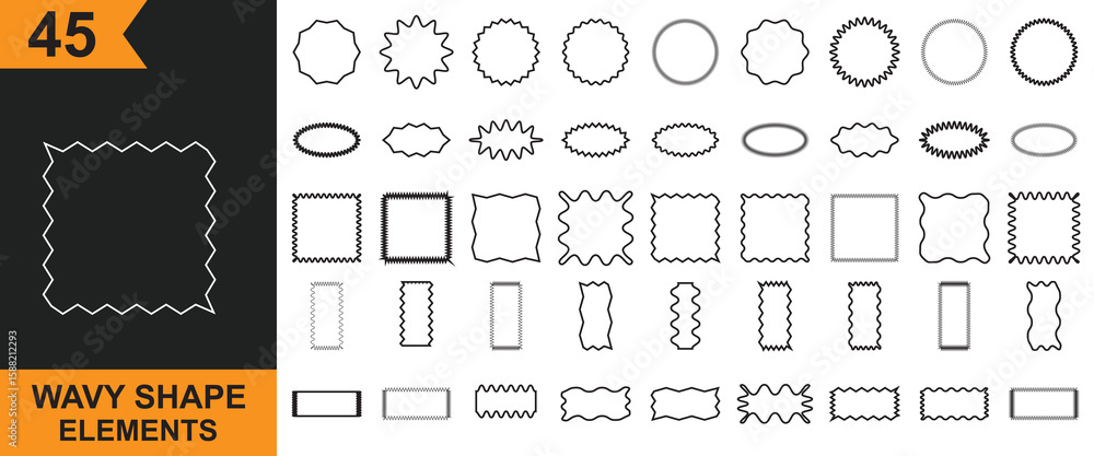 Poster wavy circular, oval and rectangular, square shape elements. wavy edge shapes frame box. scallop squi