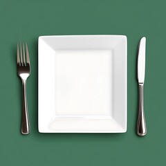 Modern Table Setting Square White Plate with Silverware on Green Background