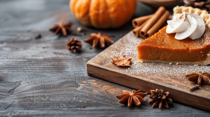 A warm, spiced pumpkin pie on a rustic wooden table.