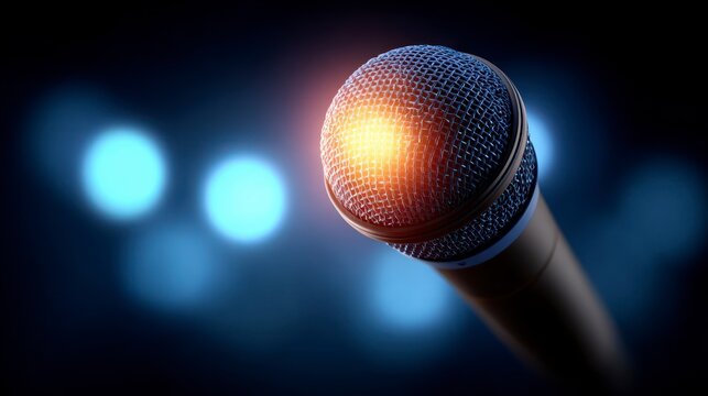 A close up of a dynamic microphone with warm light emanating from its grille against a dark bokeh lit background