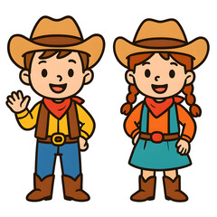Isolated Transparent, PNG Die-Cut, Cute Kids Clipart in Costume Themes, Colorful Cartoon Cowboys and Cowgirls Character Designs with Hats, Bandanas, and Western Attire for Children's Illustrations.