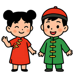 Fototapeta premium Cute Kids Clipart in Costume Themes , Cheerful Asian Children in Traditional Clothing, Smiling and Waving, Celebrating Culture and Heritage with Joyful Expressions, Isolated on White Background