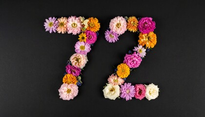 Number 72 made out of flowers with black background. Photo for 72nd birthday or anniversary party
