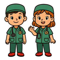 Cute Kids Clipart in Costume Themes
, Cute Cartoon Veterinarians in Green Scrubs with Stethoscopes Ready to Help Animals in a Playful and Engaging Style