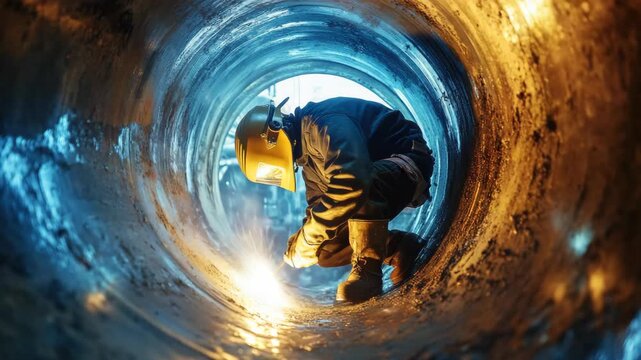  depicts an individual in a confined space, likely working on the maintenance or construction of underground infrastructure such as tunnels or sewers.