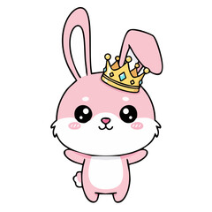 A charming pink bunny wearing a golden crown stands sweetly, perfect for children's designs and happy cartoon illustrations.