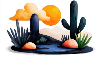 Desert Landscape with Green Cactus Rock Formations Pond and Warm Sunlight