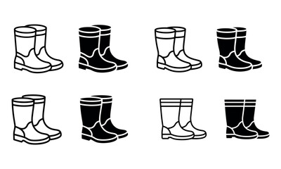 Vector icon set of rubber boots for rain and outdoor use in solid and outline styles
