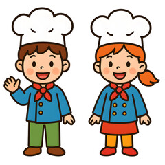 Obraz premium Cute Kids Clipart in Costume Themes , Cheerful cartoon chefs waving and smiling together in colorful outfits with chef hats and aprons, perfect for food-related designs and illustrations