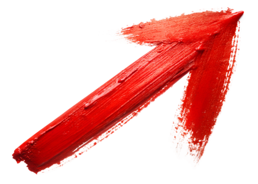 A vibrant red arrow painted with thick brushstrokes points upwards, isolated on transparent background, symbolizing growth and positive direction