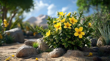 Desert Yellow Flowers Under Bright Sunlight