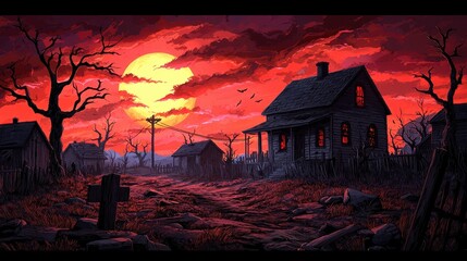 Desolate Pixel Art Village at Fiery Red Sunset