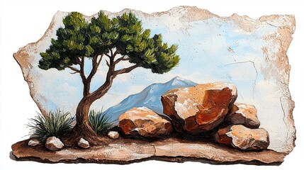 Detailed Hand Painted Landscape Featuring a Tree Rocks and Distant Mountains